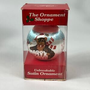 The Ornament Shoppe Satin Ornament Happy Holidays Bear Raccoon Quote Boxed 1980s